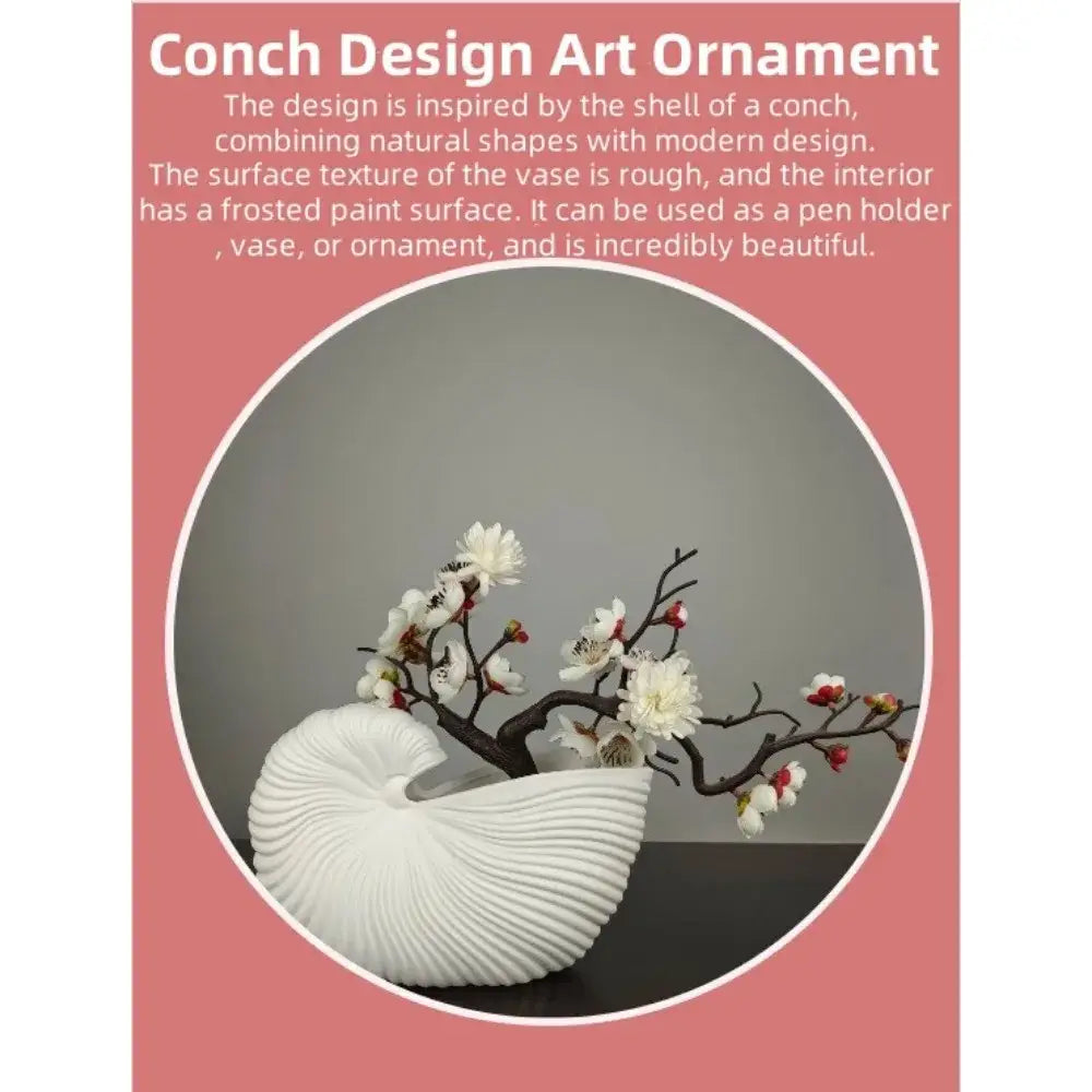 White Ribbed Ceramic Vase Shell Conch Design