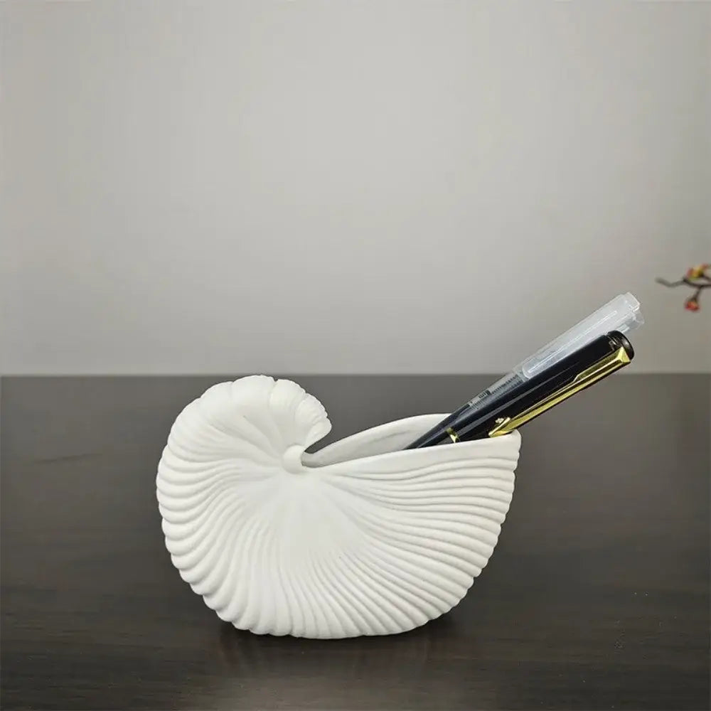 White Ribbed Ceramic Vase Shell Conch Design