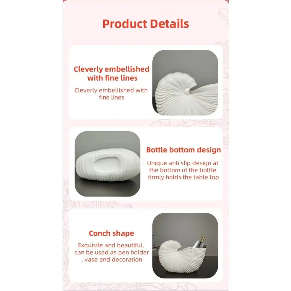 White Ribbed Ceramic Vase Shell Conch Design