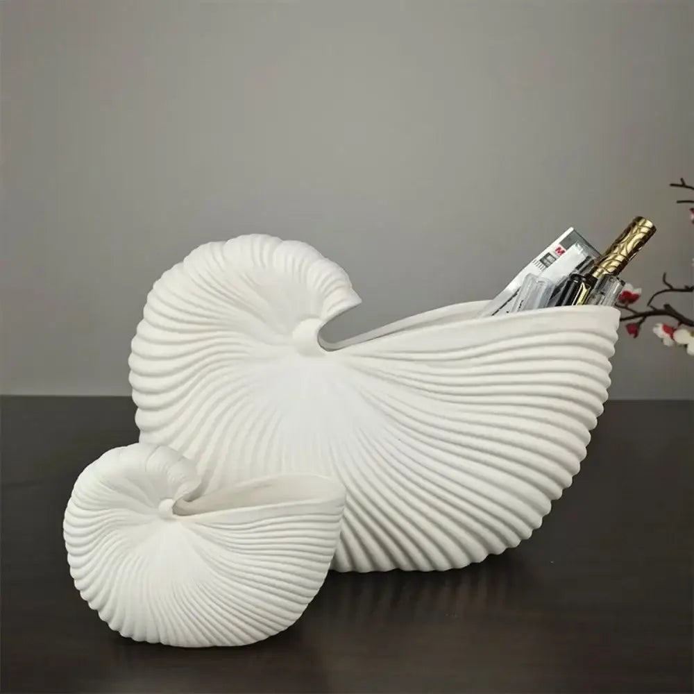 White Ribbed Ceramic Vase Shell Conch Design