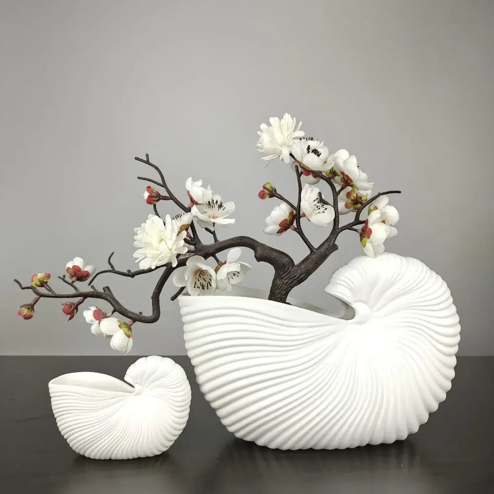 White Ribbed Ceramic Vase Shell Conch Design