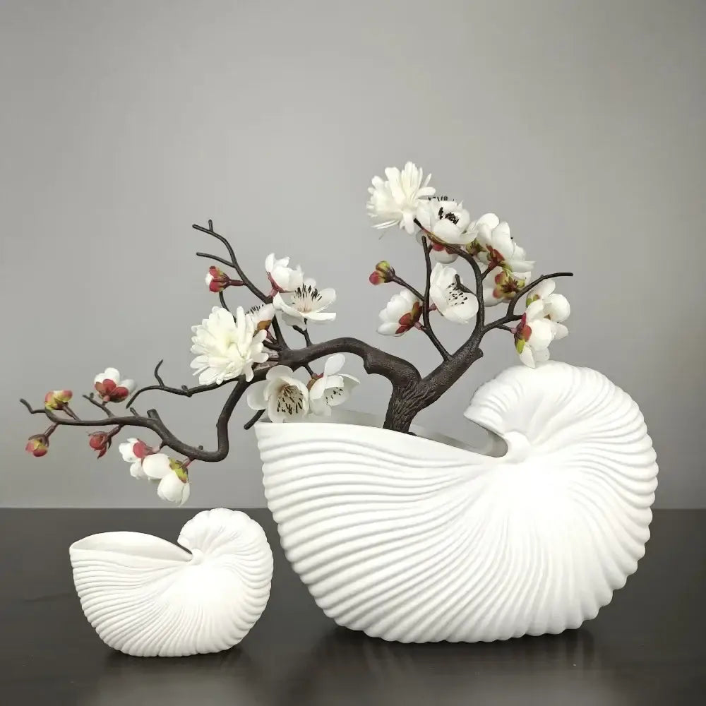 White Ribbed Ceramic Vase Shell Conch Design
