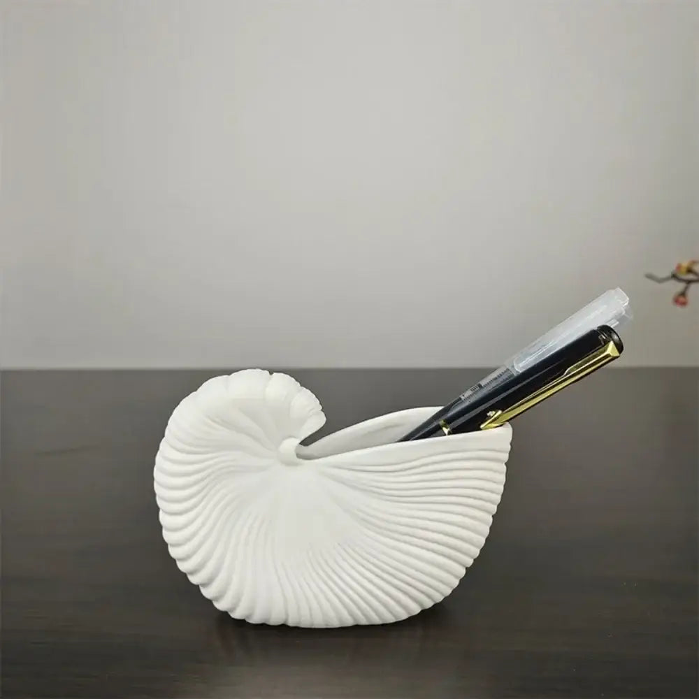 White Ribbed Ceramic Vase Shell Conch Design