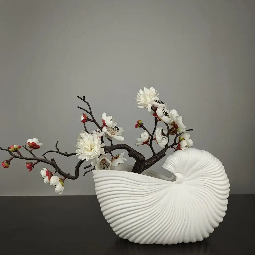 White Ribbed Ceramic Vase Shell Conch Design