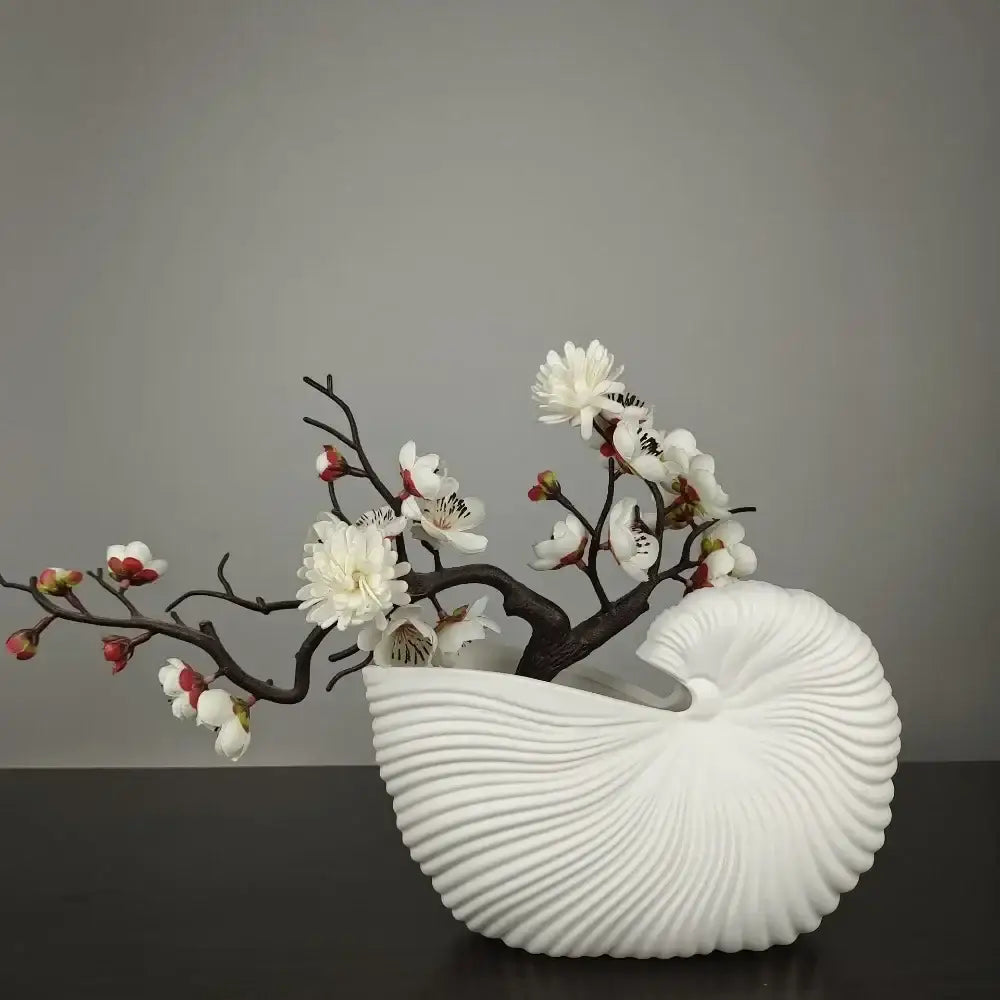 White Ribbed Ceramic Vase Shell Conch Design