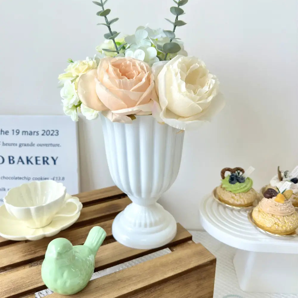 White peach and cream mini flower arrangement living room vase