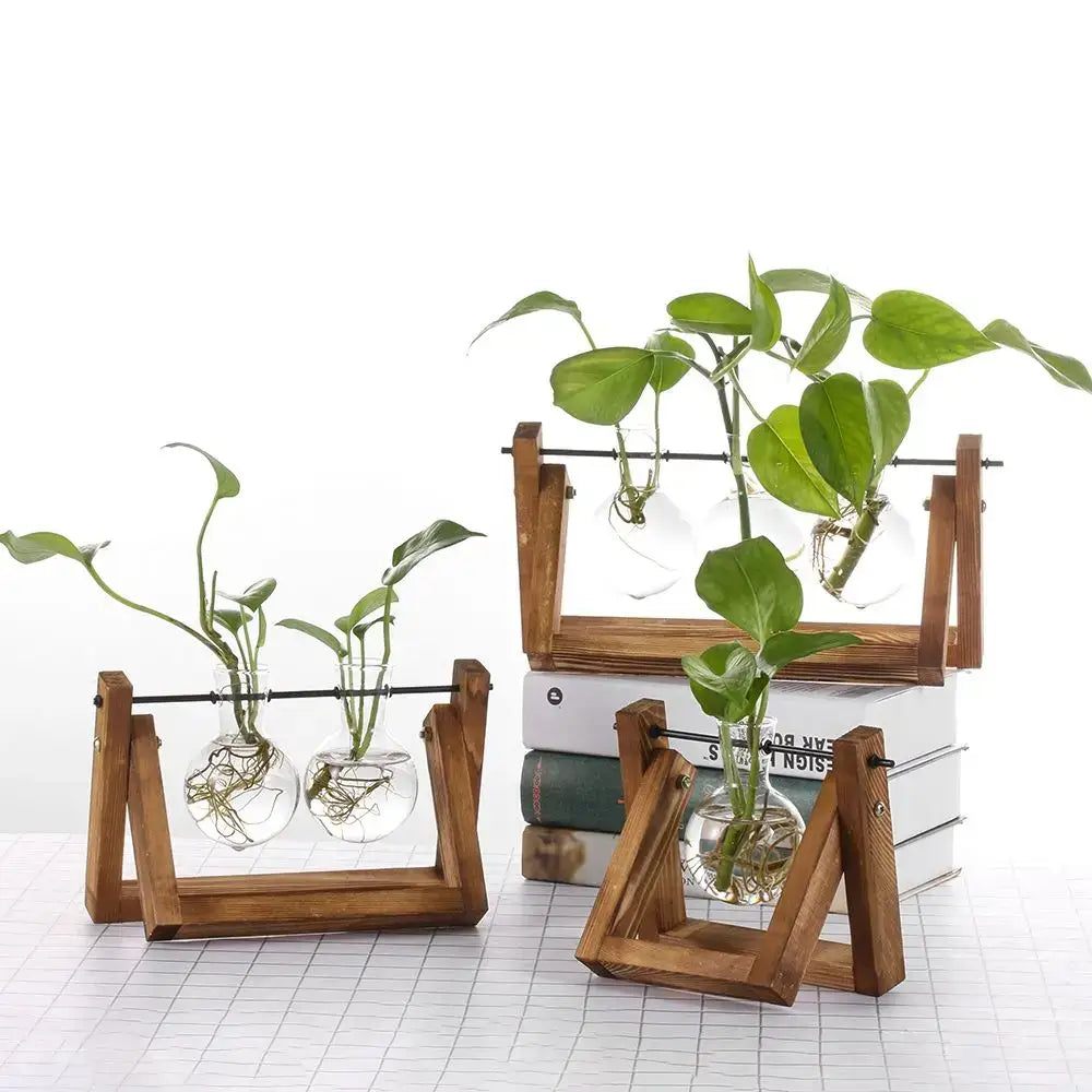 Wood Frame Glass Vase Set