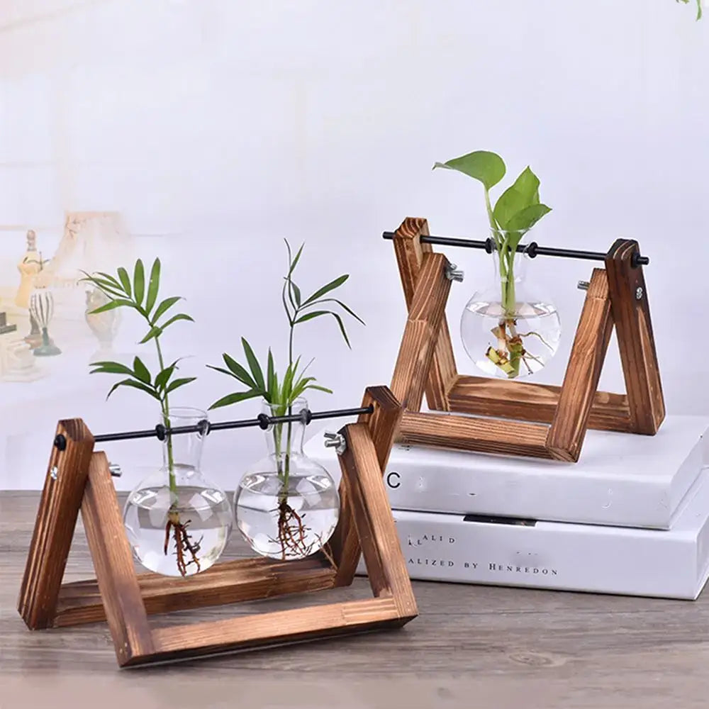 Wood Frame Glass Vase Set