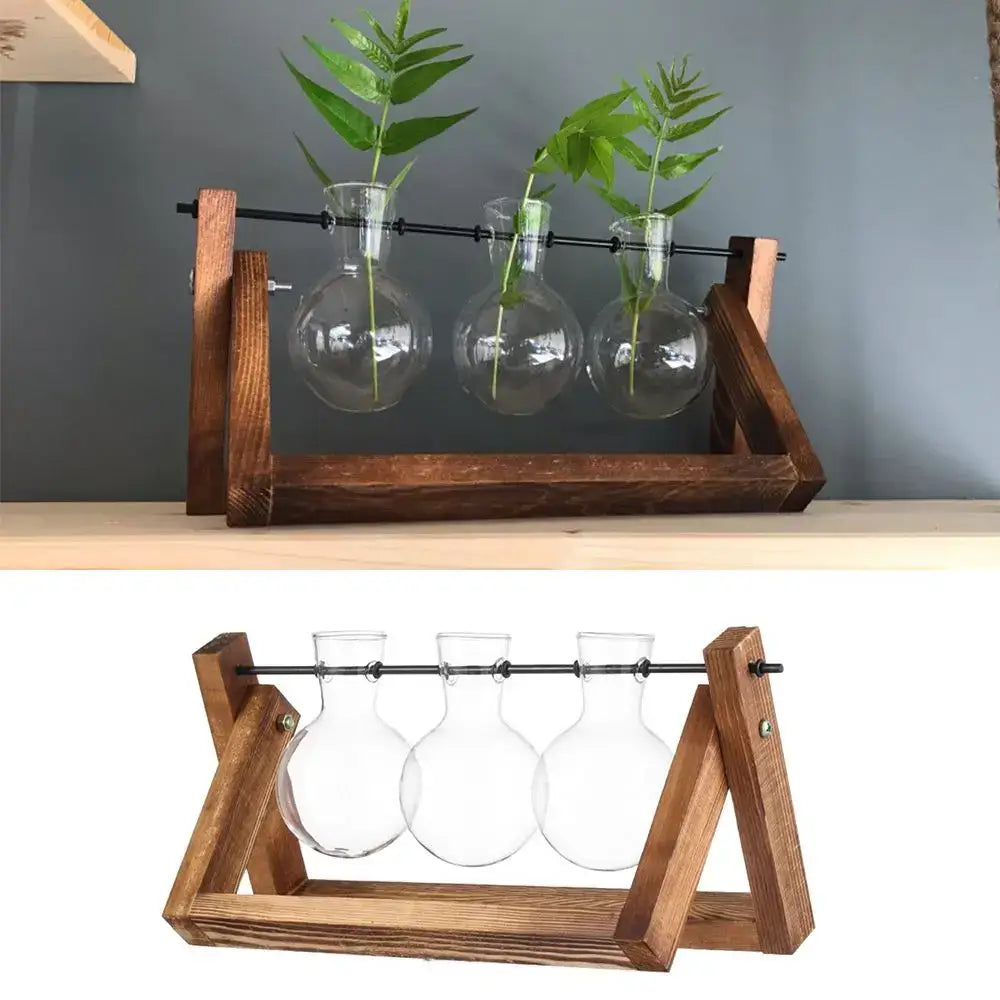 Wood Frame Glass Vase Set