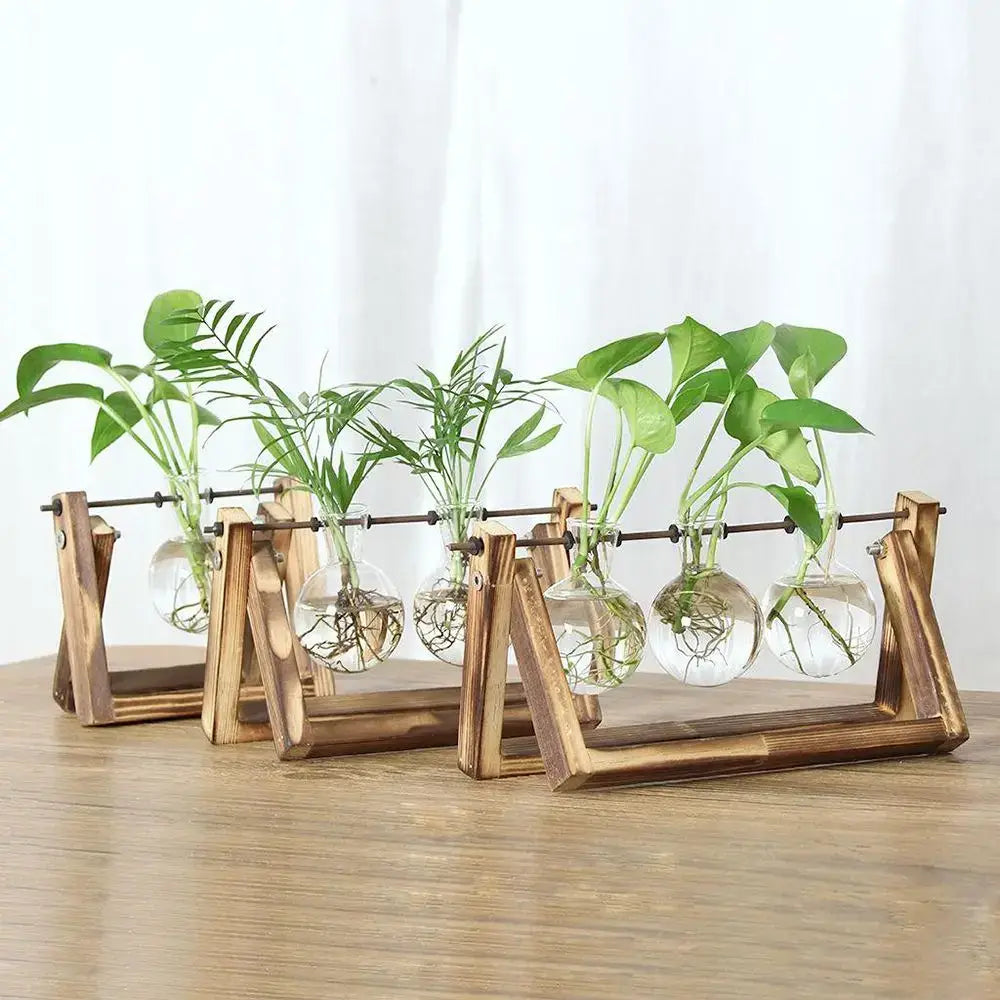 Wood Frame Glass Vase Set