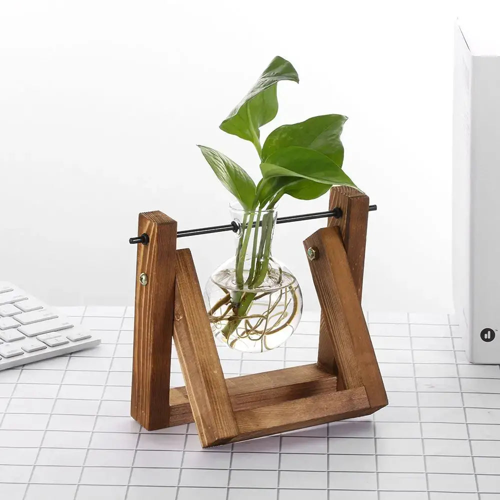 Wood Frame Glass Vase Set