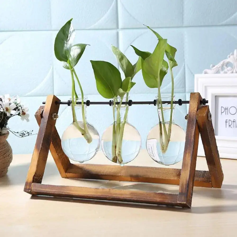 Wood Frame Glass Vase Set