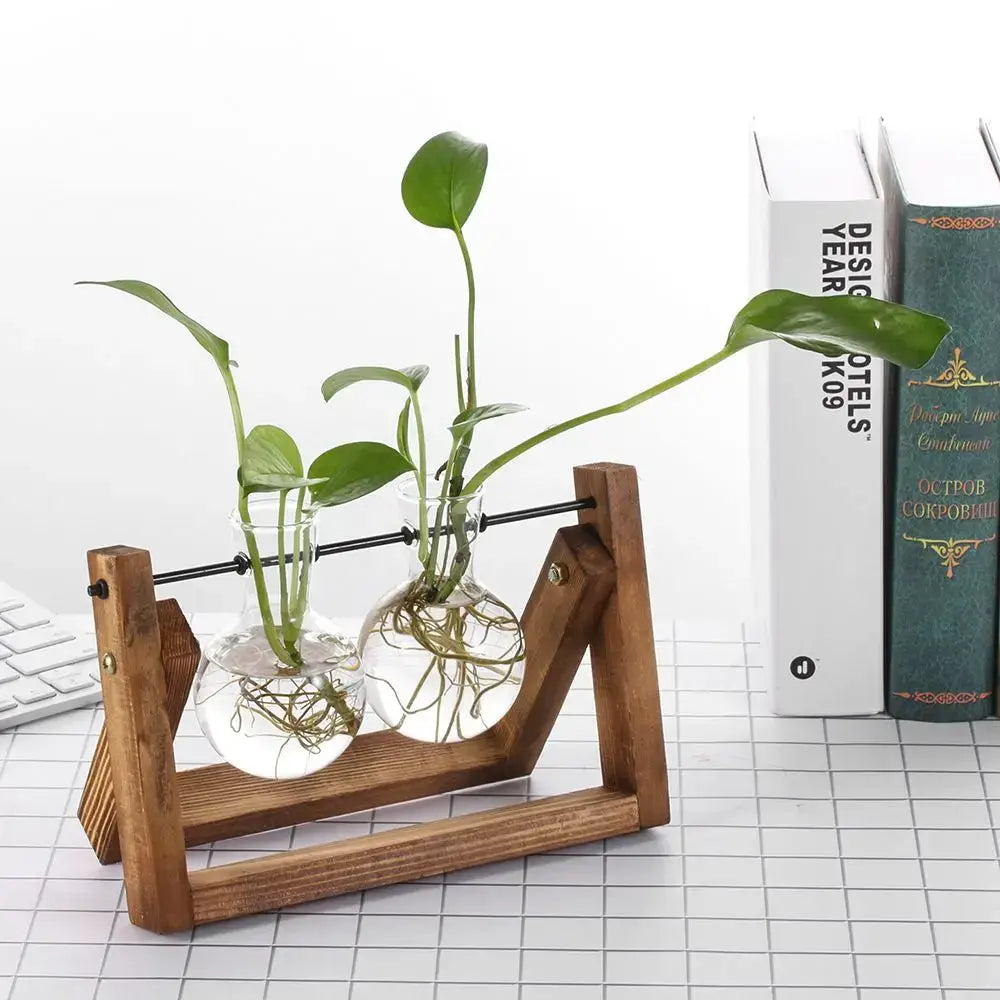 Wood Frame Glass Vase Set