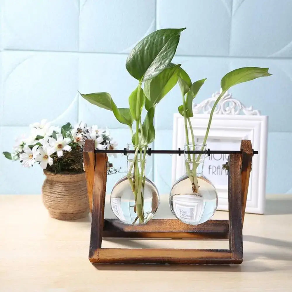 Wood Frame Glass Vase Set