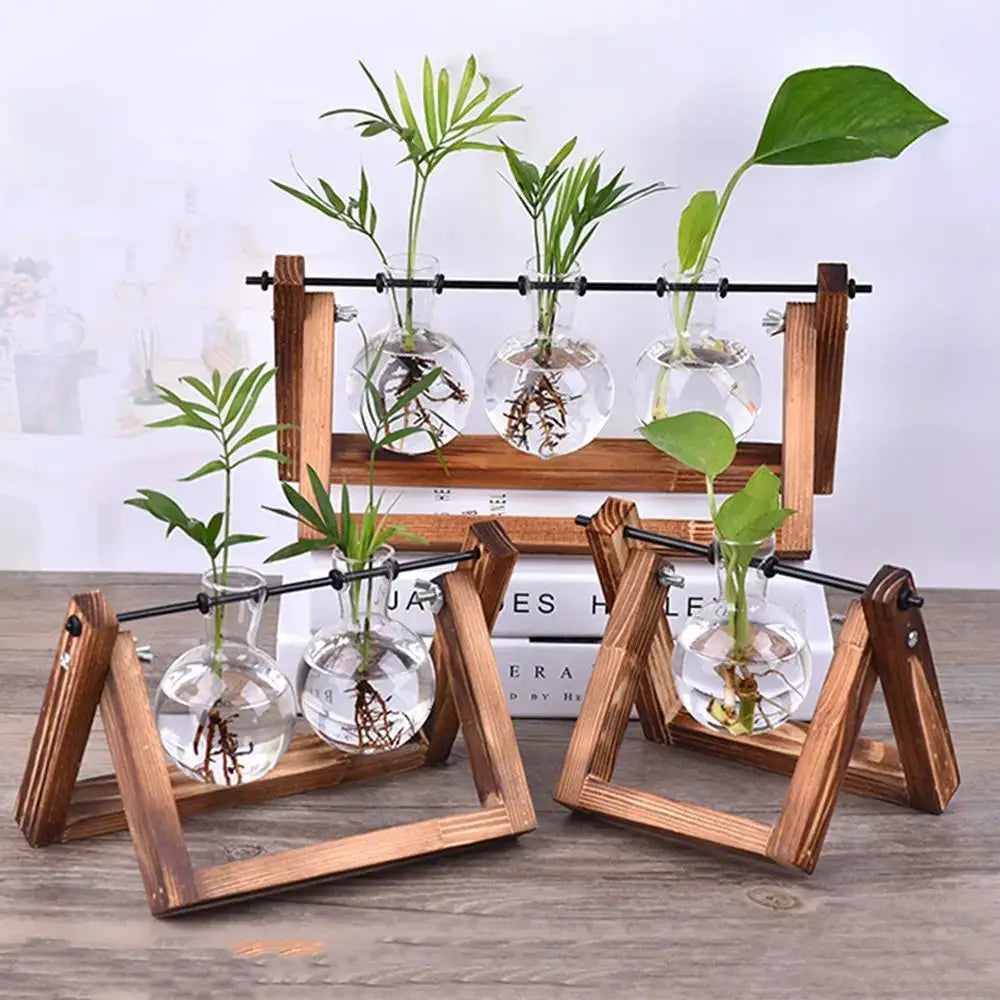 Wood Frame Glass Vase Set