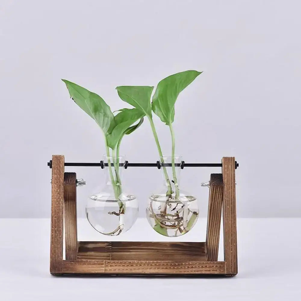 Wood Frame Glass Vase Set