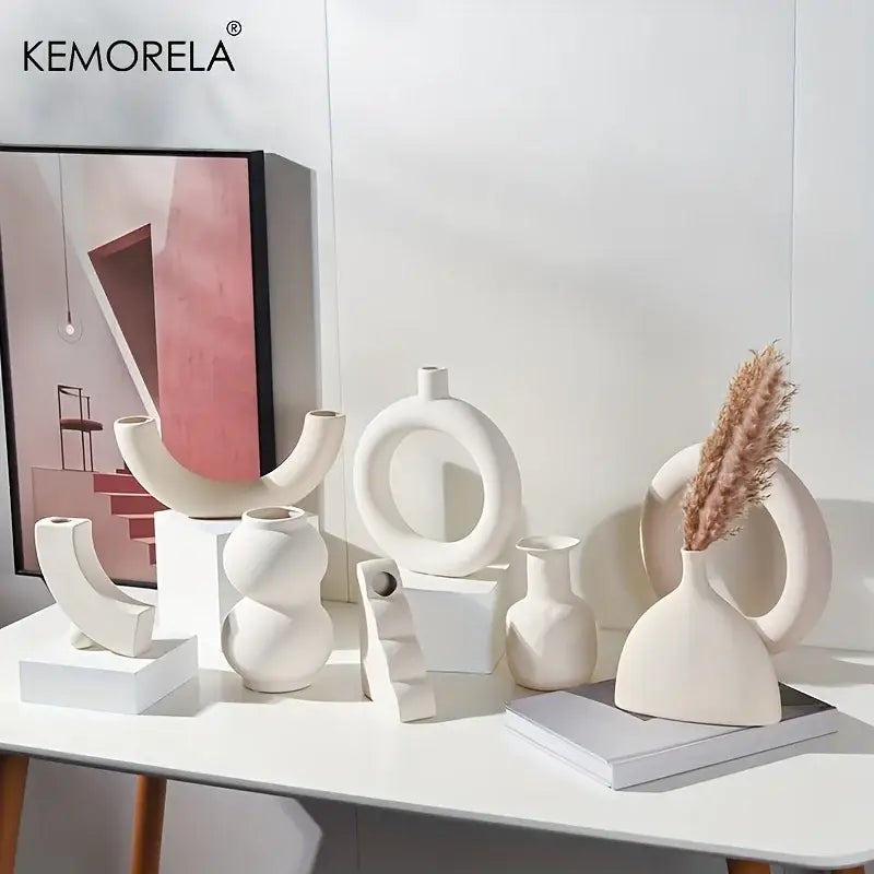 White Nordic Ceramic Vase Circular Hollow Design
