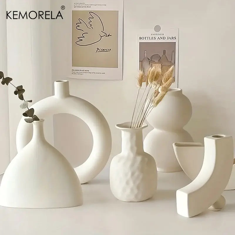 White Nordic Ceramic Vase Circular Hollow Design