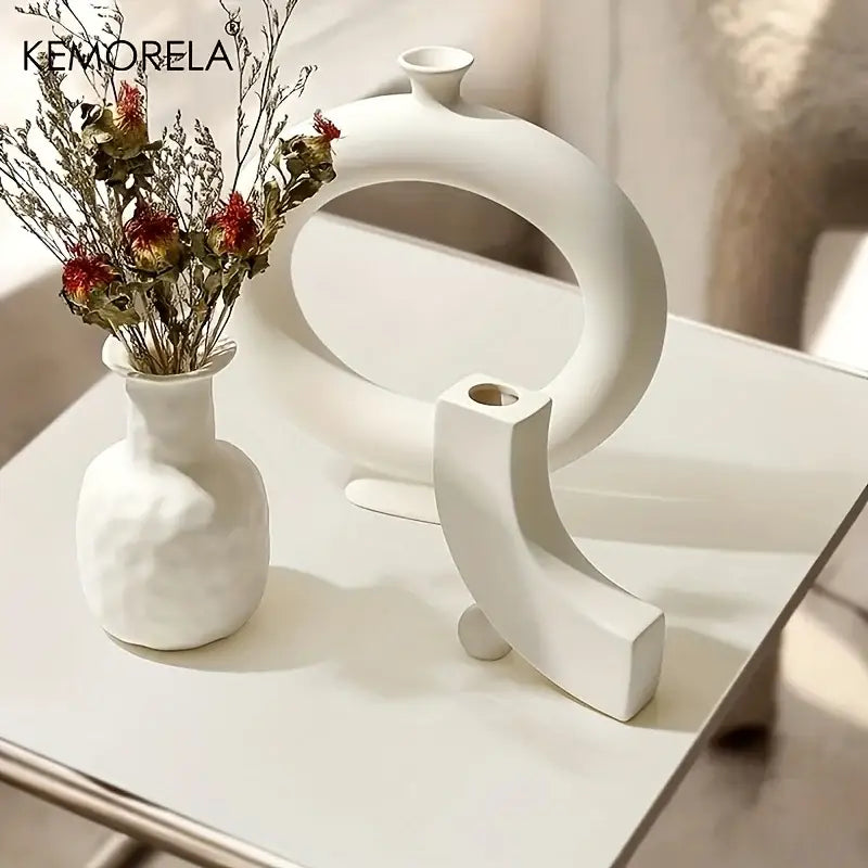 White Nordic Ceramic Vase Circular Hollow Design