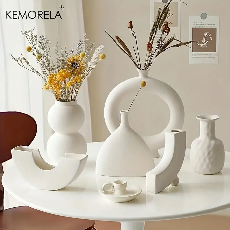 White Nordic Ceramic Vase Circular Hollow Design
