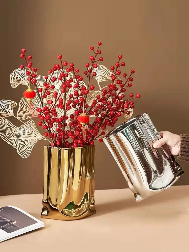 Silver Ruffled Ceramic Vase