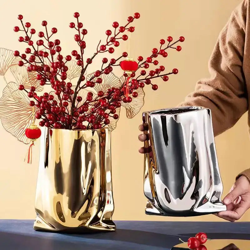 Silver Ruffled Ceramic Vase