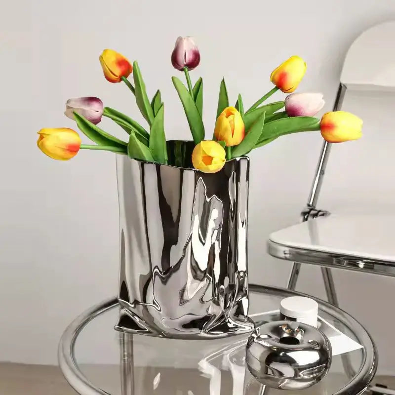 Silver Ruffled Ceramic Vase