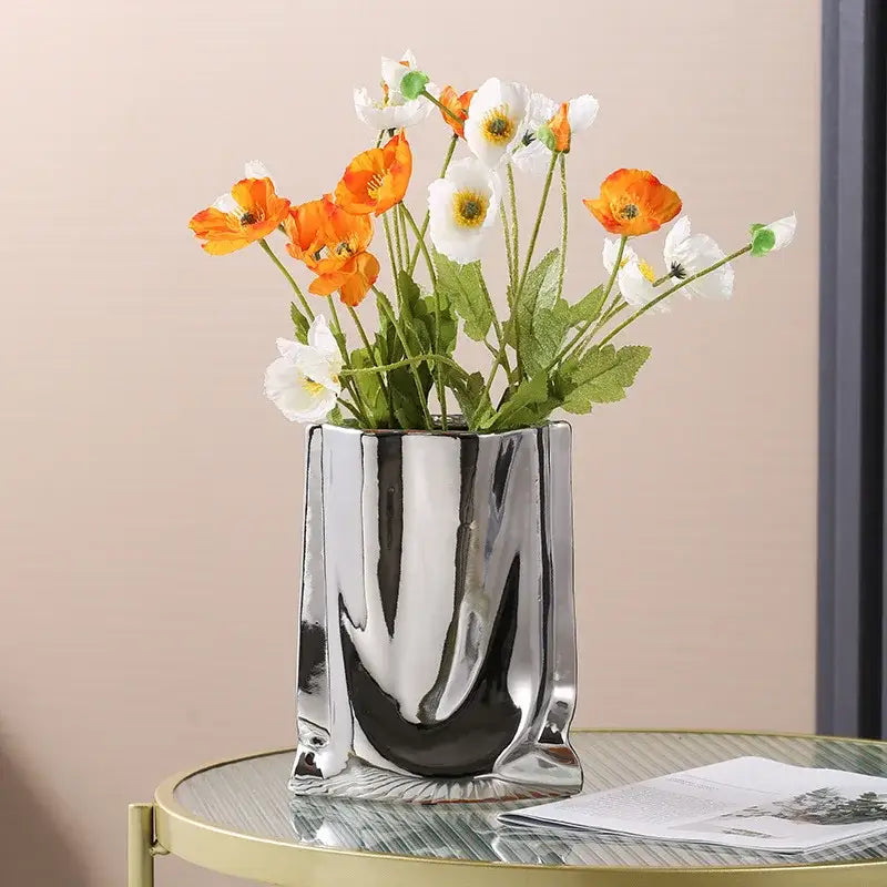 Silver Ruffled Ceramic Vase