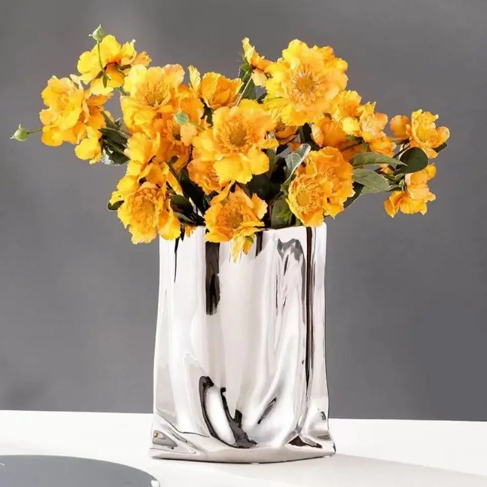 Silver Ruffled Ceramic Vase