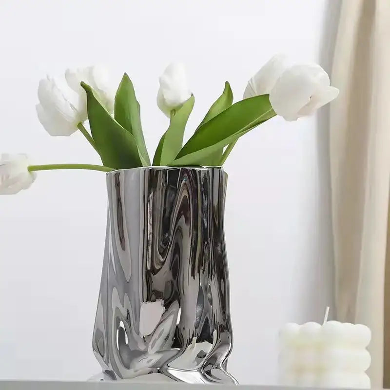 Silver Ruffled Ceramic Vase