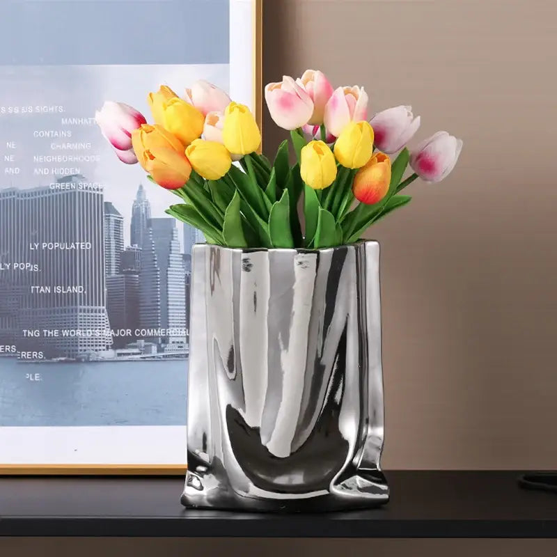 Silver Ruffled Ceramic Vase