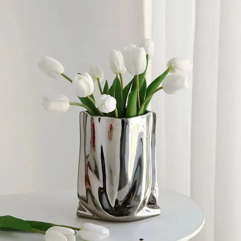Silver Ruffled Ceramic Vase