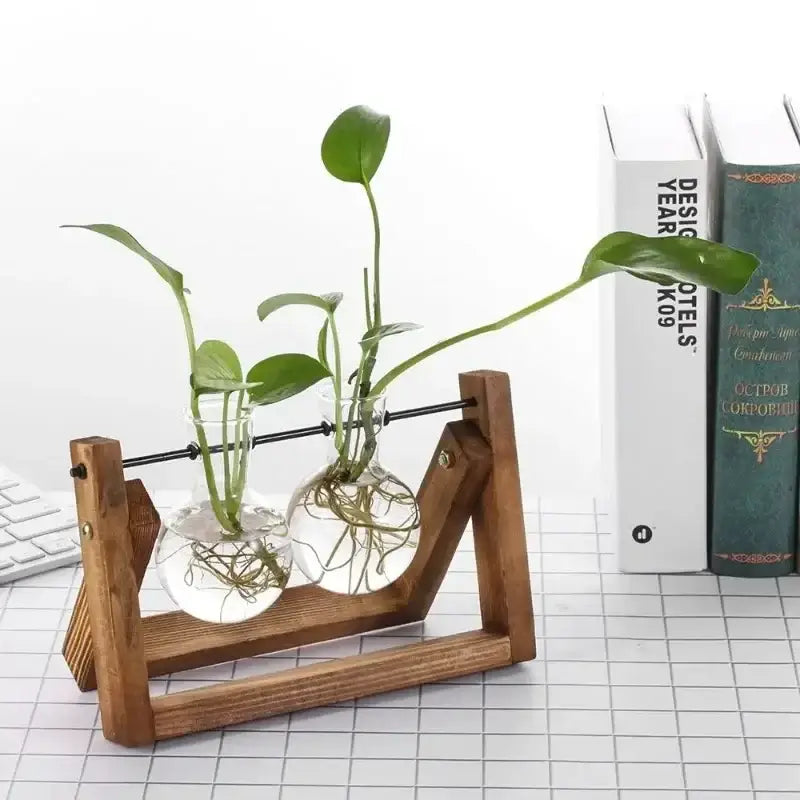 Vintage wooden a-frame glass vase hydroponic plant living room decor