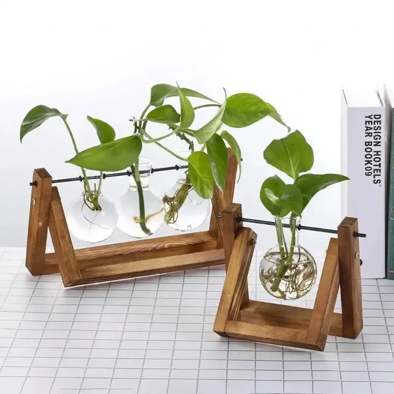 Vintage wooden a-frame glass vase hydroponic plant living room decor