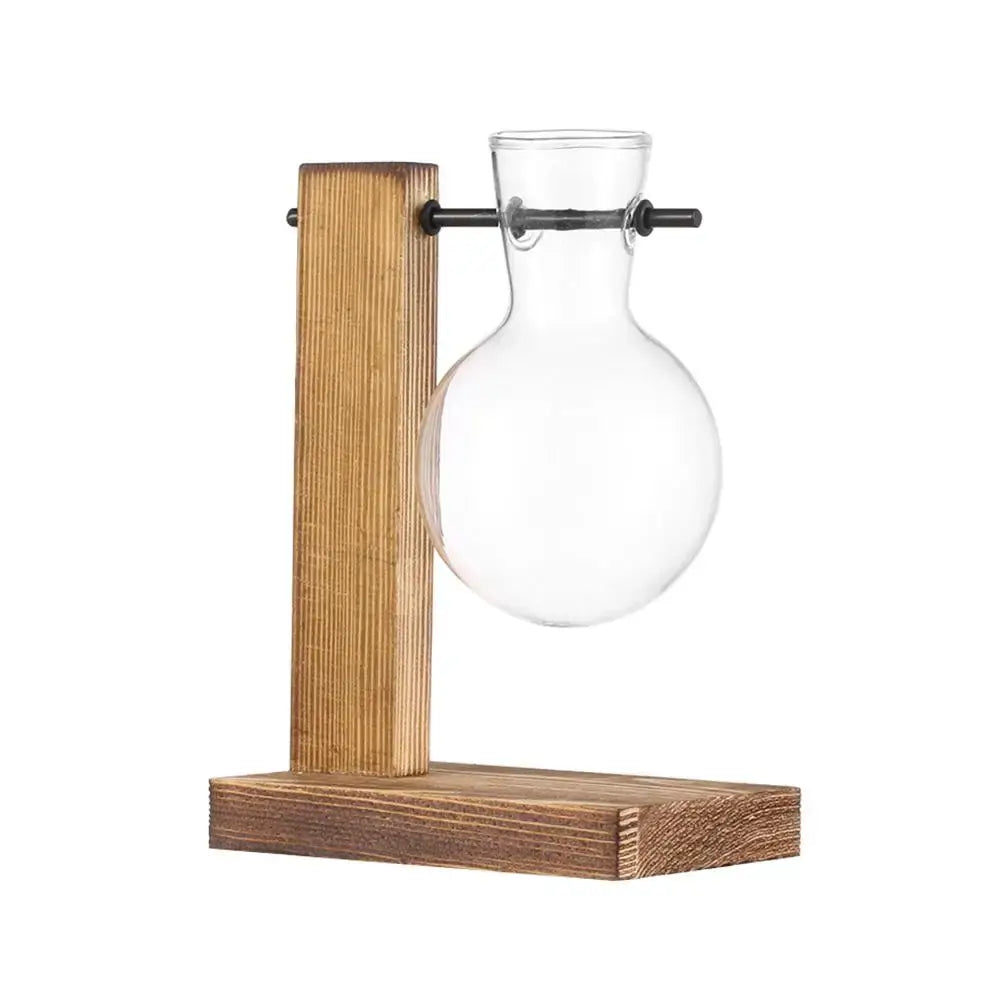 Vintage glass hydroponic plant vase living room triangular wood stand