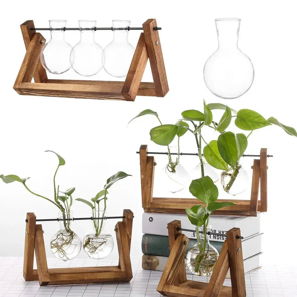 Vintage glass hydroponic plant vase living room triangular wood stand